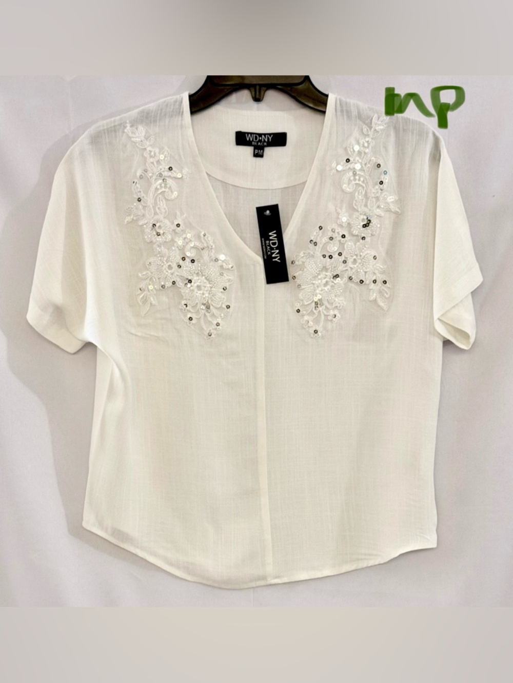 WD.NY White Short-Sleeve V-Neck Embroidered Sequin Blouse